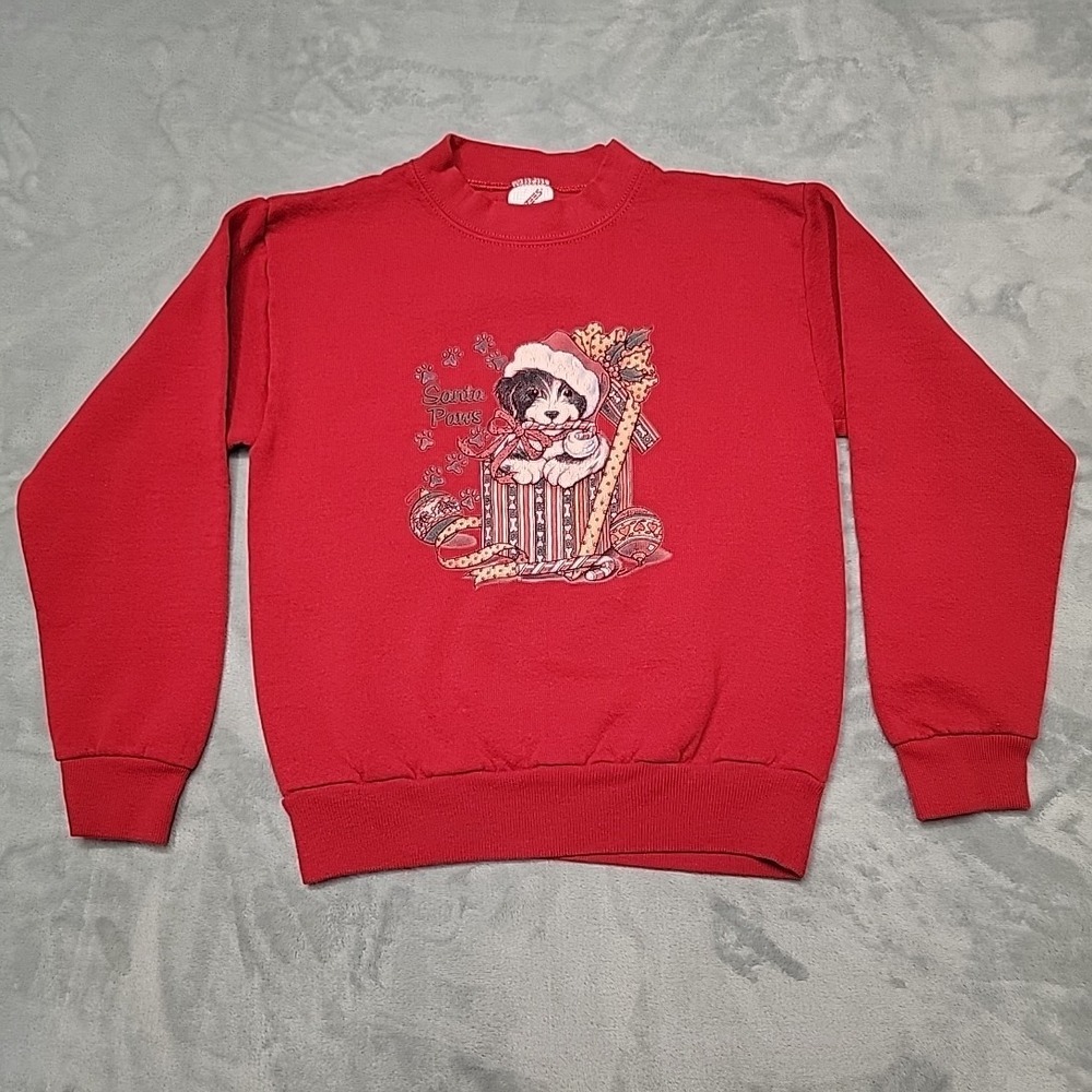 VTG Jerzees Sweatshirt Kids M 10-12 Red Santa Paws Puppy Christmas Made In USA